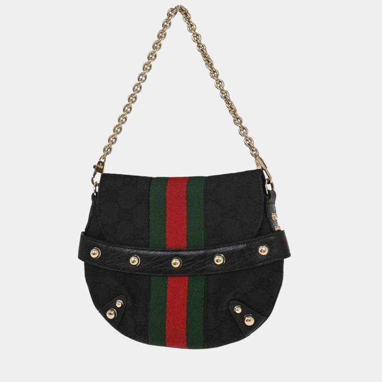 Pre Owned Gucci GG Horsebit Black GG Supreme Canvas Shoulder Bag