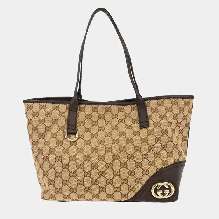 Pre Owned Gucci GG Supreme Brown Beige Canvas Tote Bag