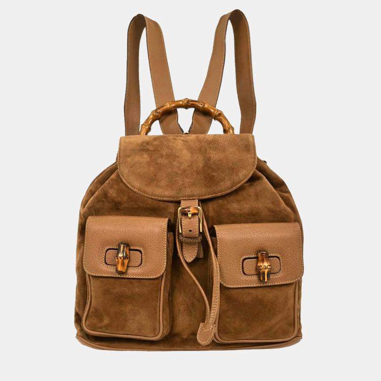 Pre Owned Gucci Brown Suede Bamboo Backpack