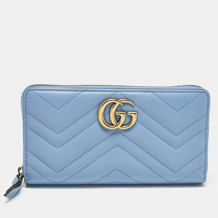 Pre Owned Gucci GG Marmont Blue Matelasse Leather Zip Around Wallet