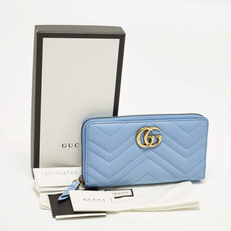 Pre Owned Gucci GG Marmont Blue Matelasse Leather Zip Around Wallet
