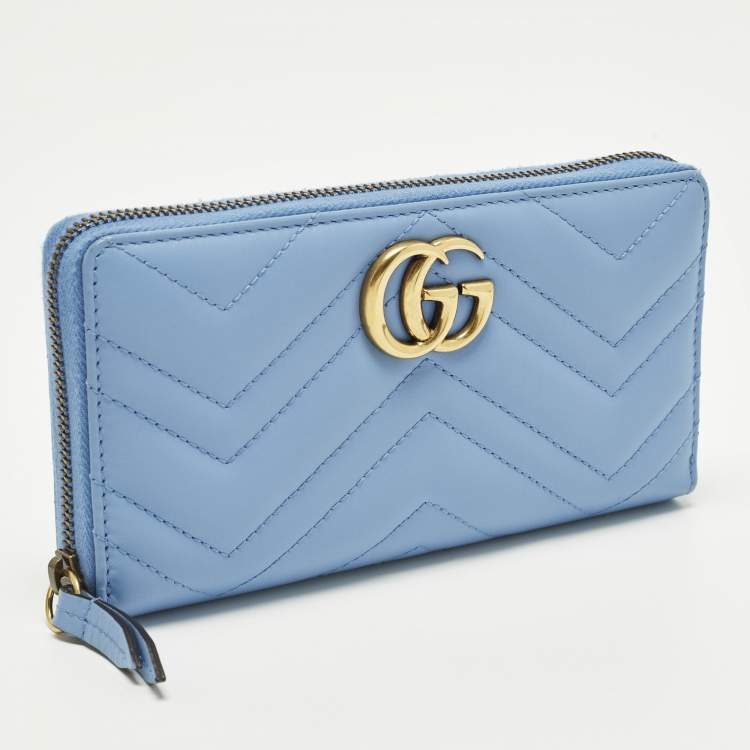 Pre Owned Gucci GG Marmont Blue Matelasse Leather Zip Around Wallet