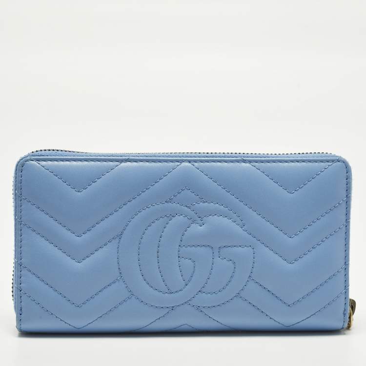Pre Owned Gucci GG Marmont Blue Matelasse Leather Zip Around Wallet
