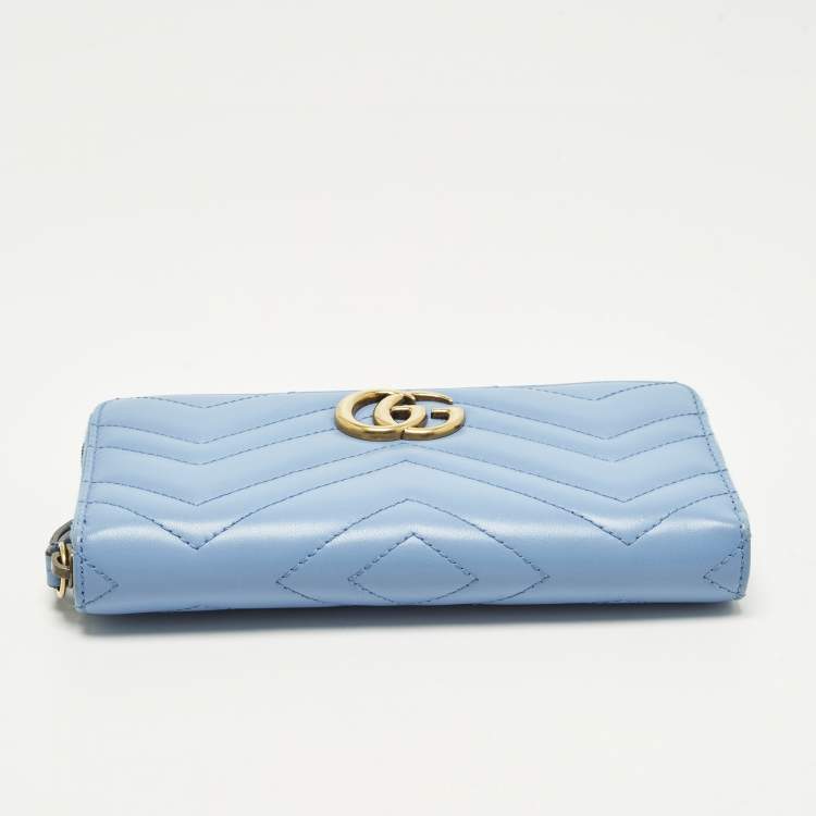 Pre Owned Gucci GG Marmont Blue Matelasse Leather Zip Around Wallet
