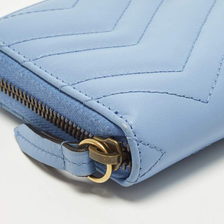 Pre Owned Gucci GG Marmont Blue Matelasse Leather Zip Around Wallet