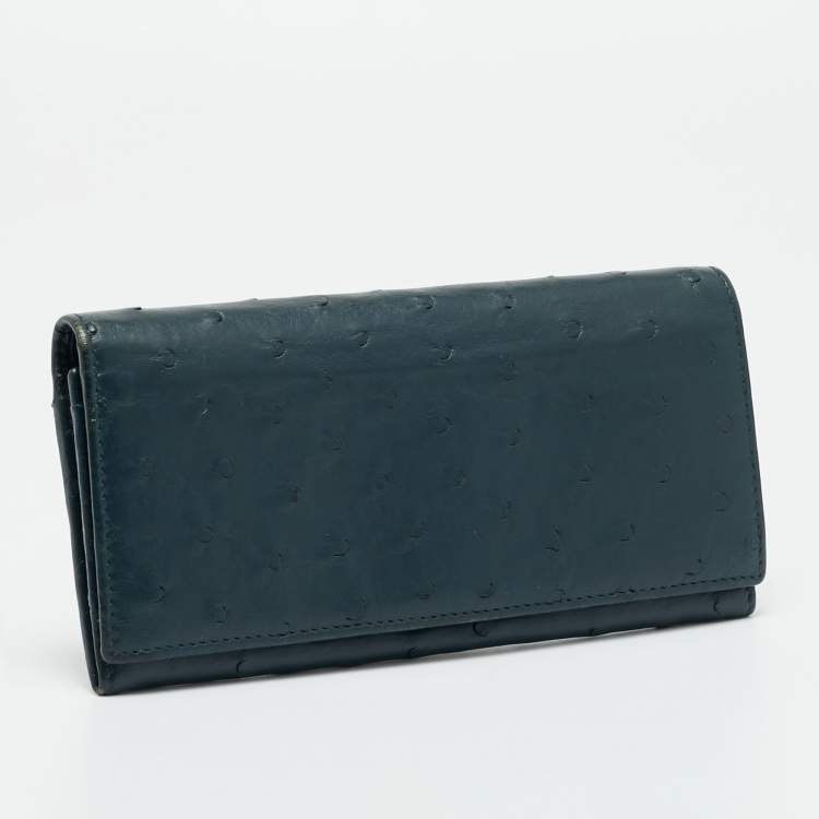 Pre Owned Gucci Dark Blue Ostrich Leather Continental Wallet