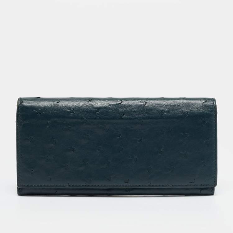 Pre Owned Gucci Dark Blue Ostrich Leather Continental Wallet