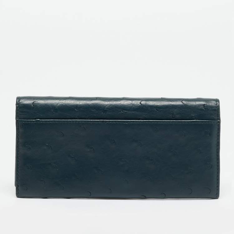 Pre Owned Gucci Dark Blue Ostrich Leather Continental Wallet