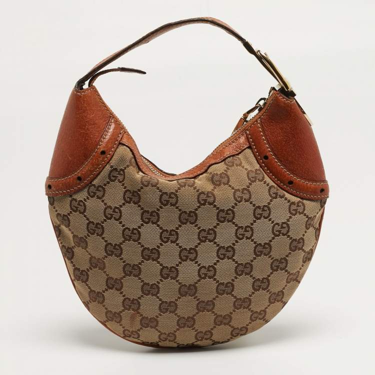 Pre Owned Gucci Buckle Brown/Beige GG Canvas and Leather Hobo