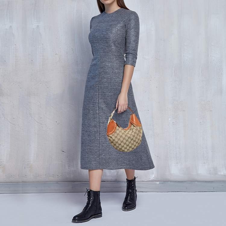 Pre Owned Gucci Buckle Brown/Beige GG Canvas and Leather Hobo