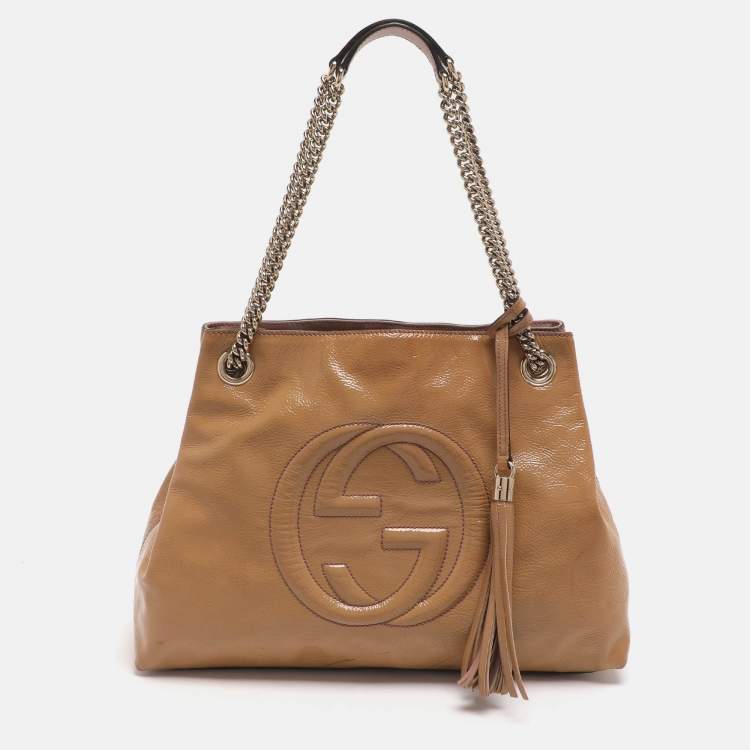 Pre Owned Gucci Soho Medium Beige Patent Leather Tote