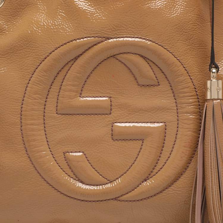 Pre Owned Gucci Soho Medium Beige Patent Leather Tote