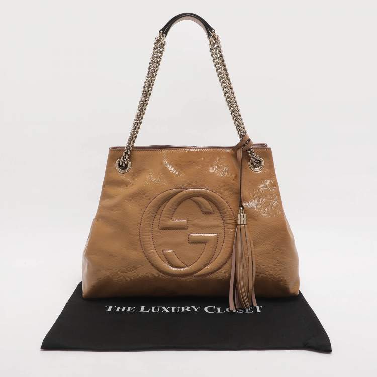 Pre Owned Gucci Soho Medium Beige Patent Leather Tote