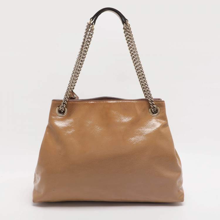Pre Owned Gucci Soho Medium Beige Patent Leather Tote