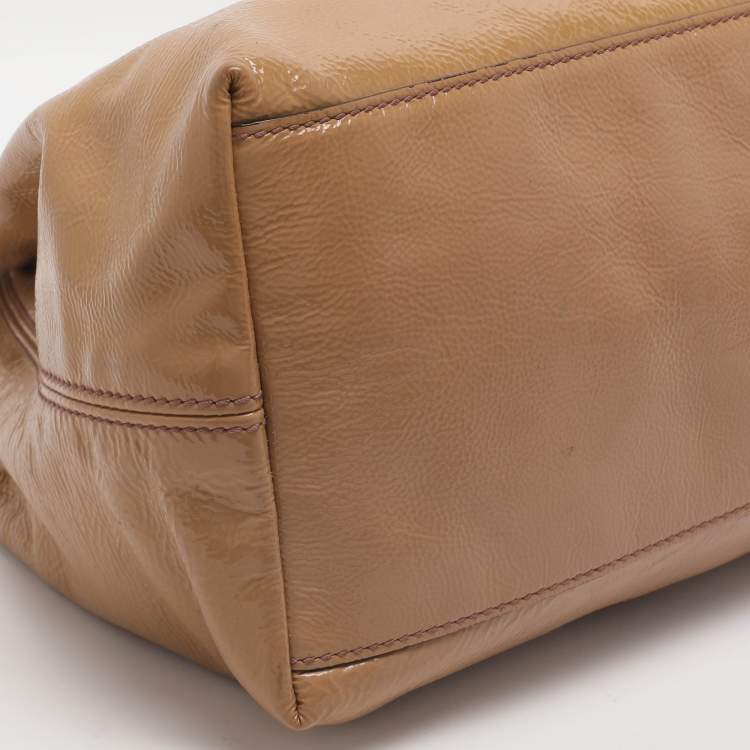 Pre Owned Gucci Soho Medium Beige Patent Leather Tote