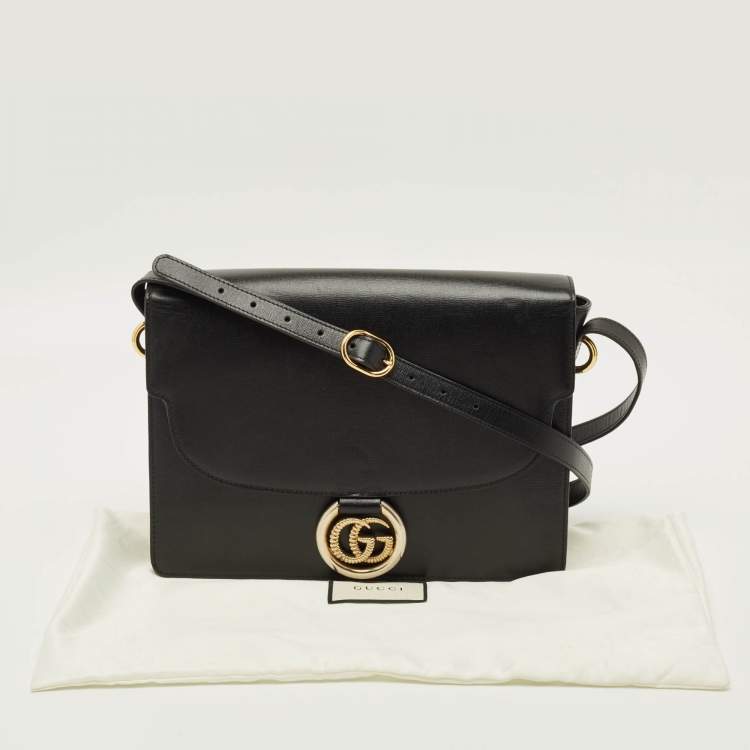 Pre Owned Gucci GG Ring Flap Black Leather Shoulder Bag