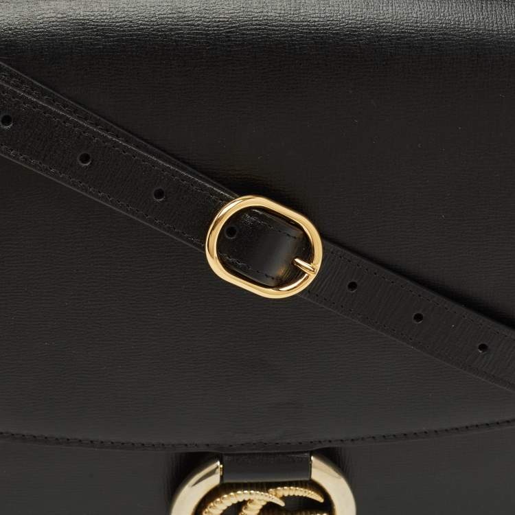 Pre Owned Gucci GG Ring Flap Black Leather Shoulder Bag