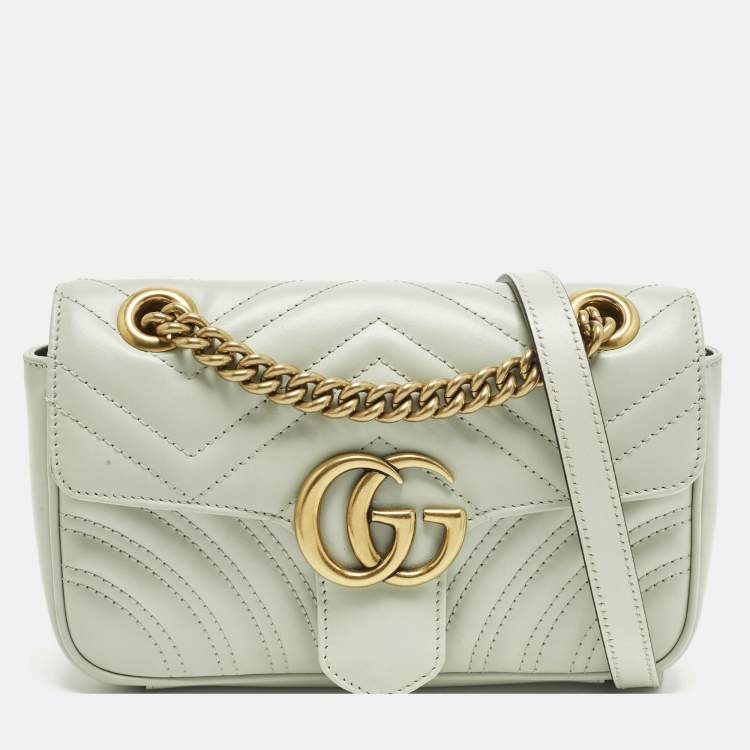 مملوكة مسبقًا Gucci GG Marmont Flap Mini Light Green Matelassé Leather Shoulder Bag