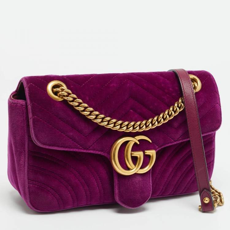 Pre Owned Gucci GG Marmont Flap Small Purple Matelasse Velvet Shoulder Bag