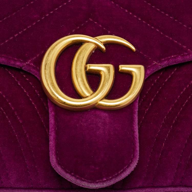 Pre Owned Gucci GG Marmont Flap Small Purple Matelasse Velvet Shoulder Bag