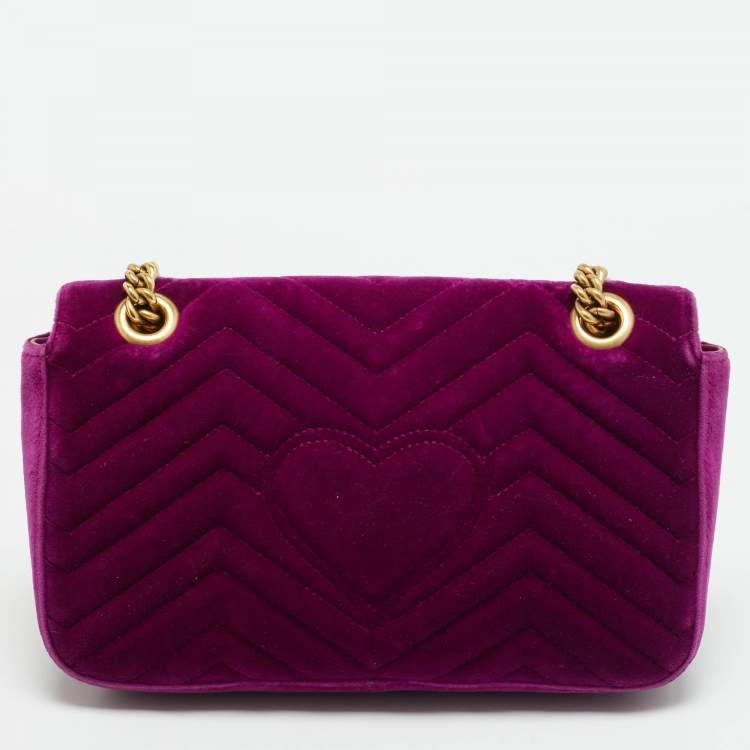 Pre Owned Gucci GG Marmont Flap Small Purple Matelasse Velvet Shoulder Bag