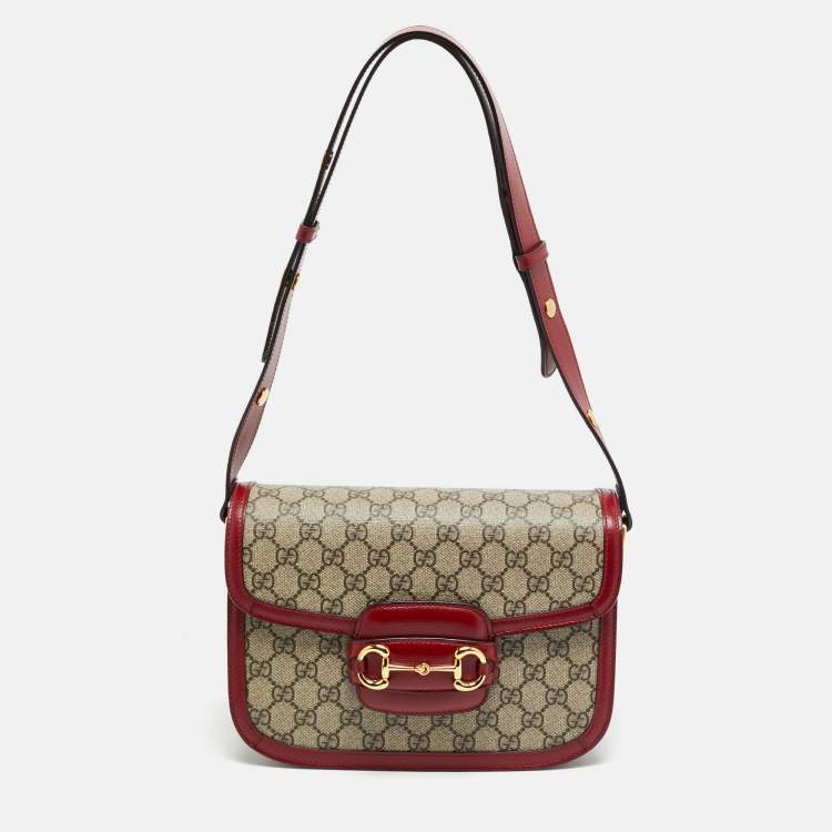 Pre Owned Gucci Horsebit 1955 Flap Red/Beige GG Supreme Canvas and Leather Shoulder Bag