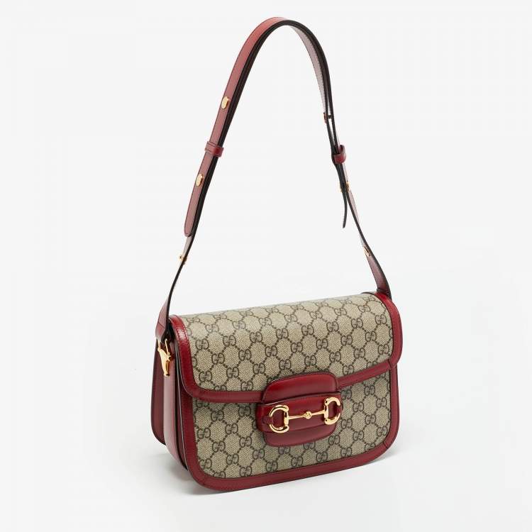 Pre Owned Gucci Horsebit 1955 Flap Red/Beige GG Supreme Canvas and Leather Shoulder Bag