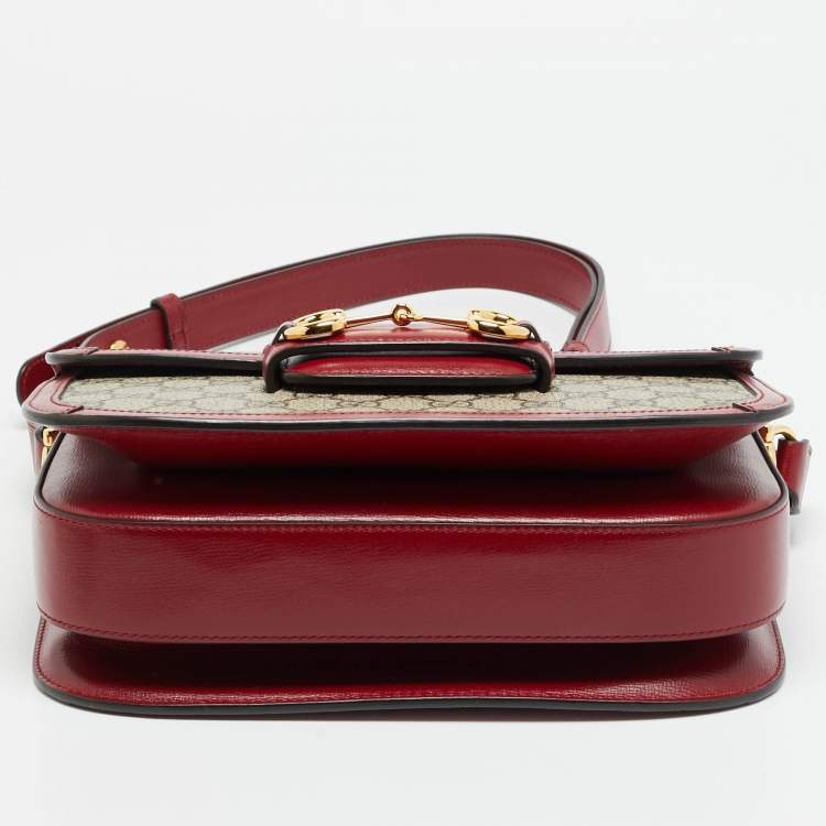 Pre Owned Gucci Horsebit 1955 Flap Red/Beige GG Supreme Canvas and Leather Shoulder Bag