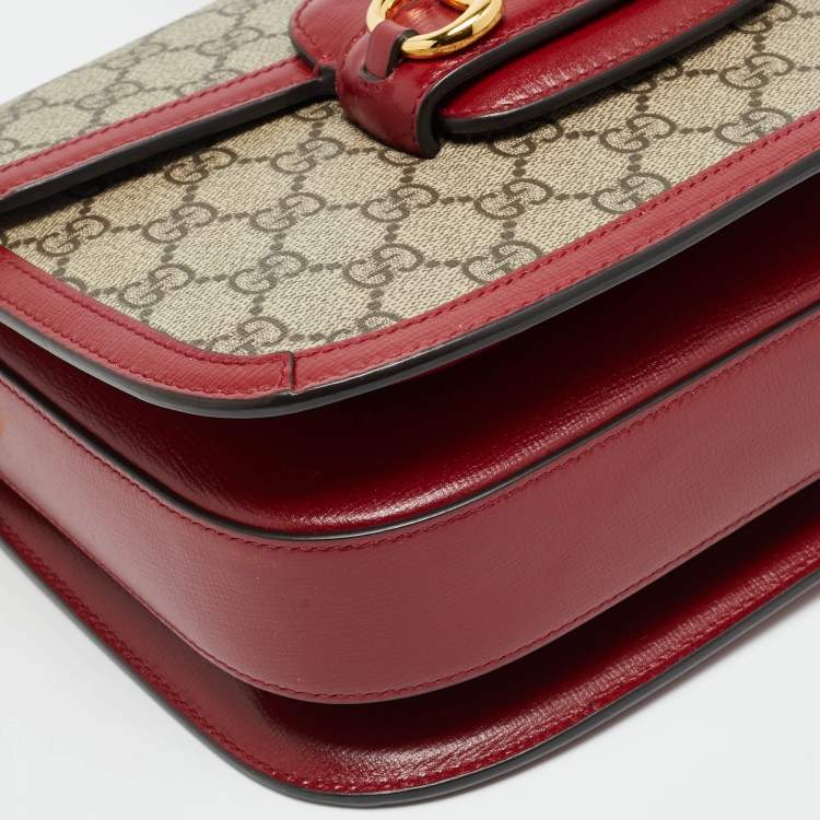 Pre Owned Gucci Horsebit 1955 Flap Red/Beige GG Supreme Canvas and Leather Shoulder Bag