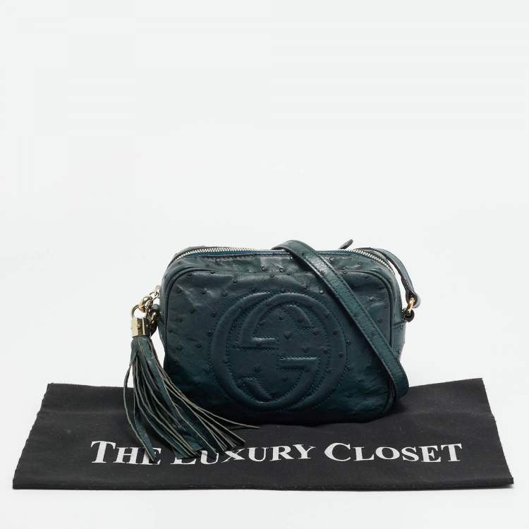 Pre Owned Gucci Soho Disco Camera Dark Green Ostrich Crossbody Bag
