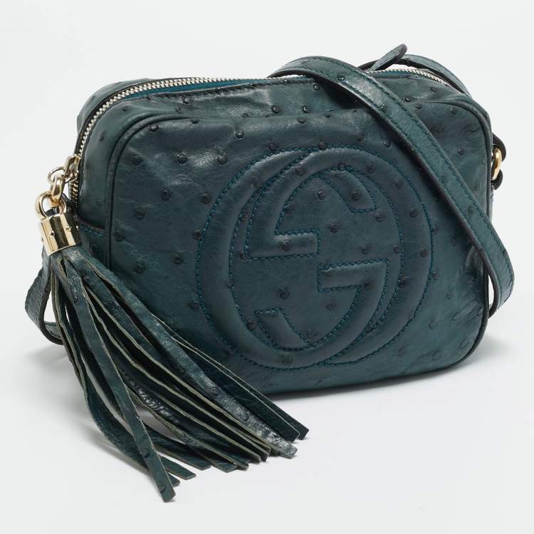 Pre Owned Gucci Soho Disco Camera Dark Green Ostrich Crossbody Bag