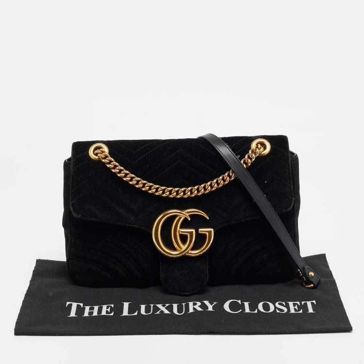 Pre Owned Gucci GG Marmont Flap Medium Black Matelassé Velvet Shoulder Bag