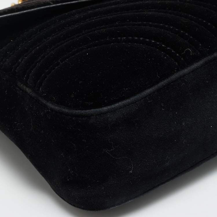 Pre Owned Gucci GG Marmont Flap Medium Black Matelassé Velvet Shoulder Bag
