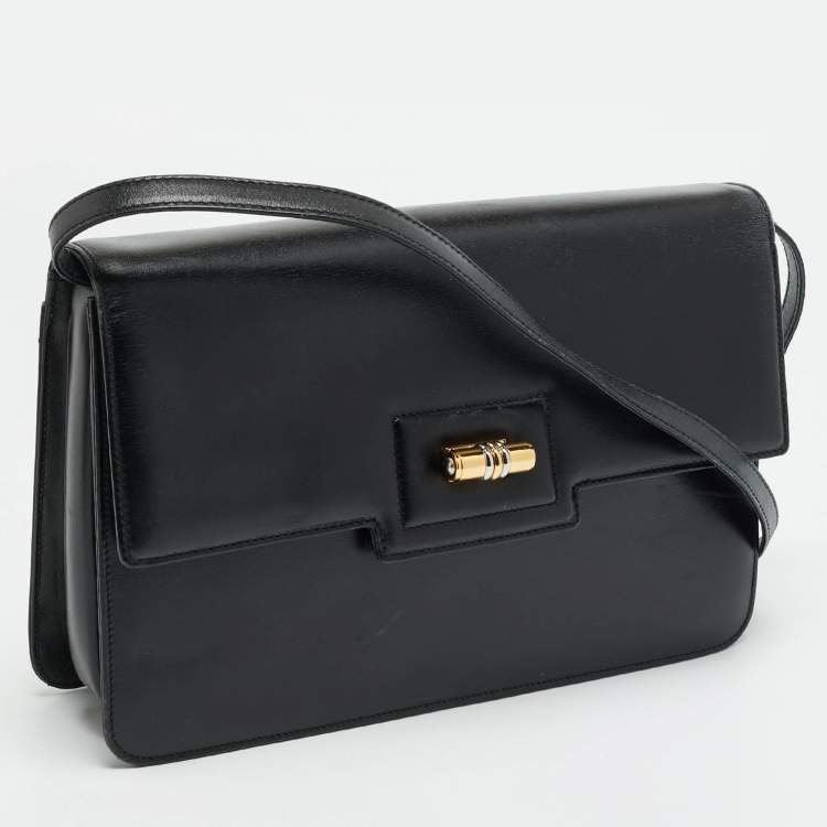 Pre Owned Gucci Turn Lock Black Leather Flap Shoulder Bag