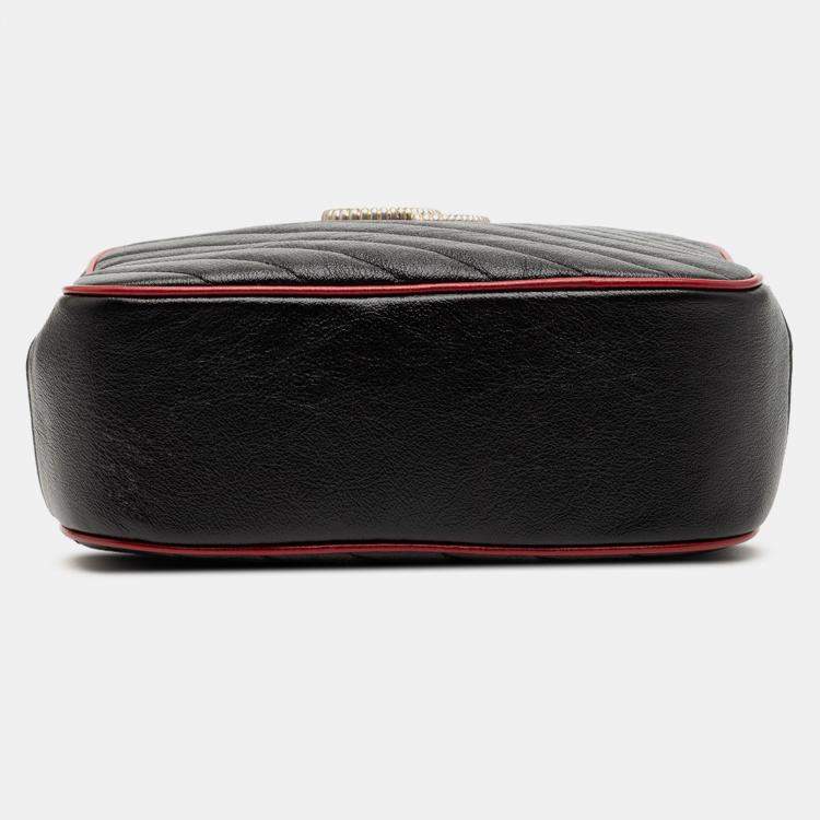 Pre Owned Gucci Black Small GG Marmont Matelasse Diagonal Leather Torchon Bamboo Satchel