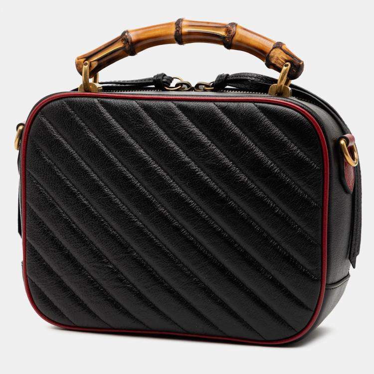 Pre Owned Gucci Black Small GG Marmont Matelasse Diagonal Leather Torchon Bamboo Satchel