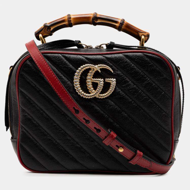 Pre Owned Gucci Black Small GG Marmont Matelasse Diagonal Leather Torchon Bamboo Satchel