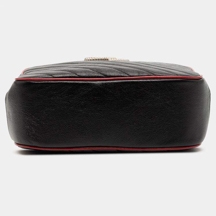 Pre Owned Gucci Black Small GG Marmont Matelasse Diagonal Leather Torchon Bamboo Satchel