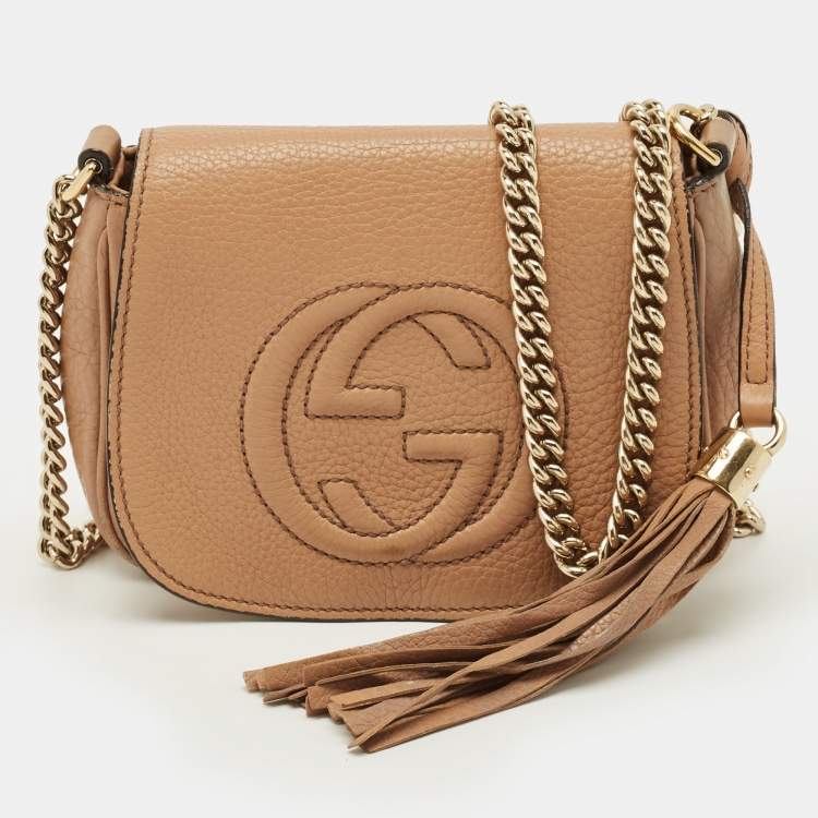 Pre Owned Gucci Soho Flap Chain Beige Leather Crossbody Bag