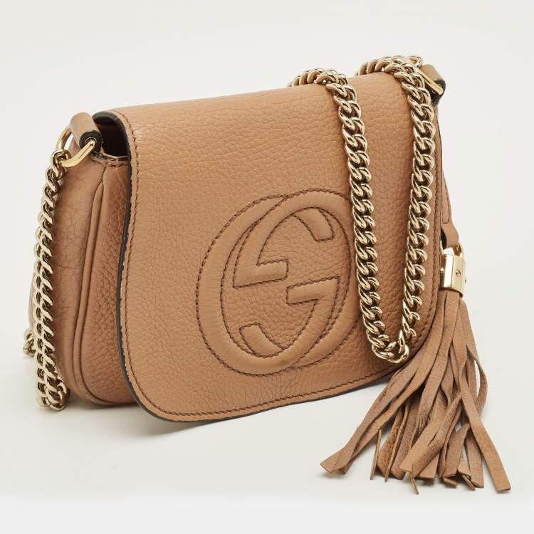 Pre Owned Gucci Soho Flap Chain Beige Leather Crossbody Bag