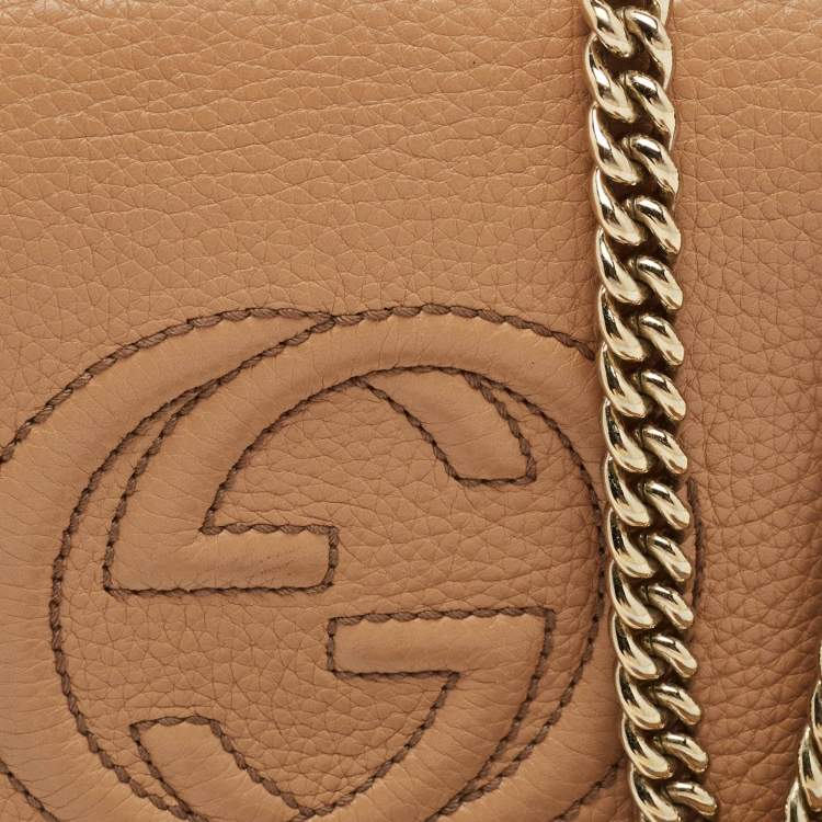 Pre Owned Gucci Soho Flap Chain Beige Leather Crossbody Bag
