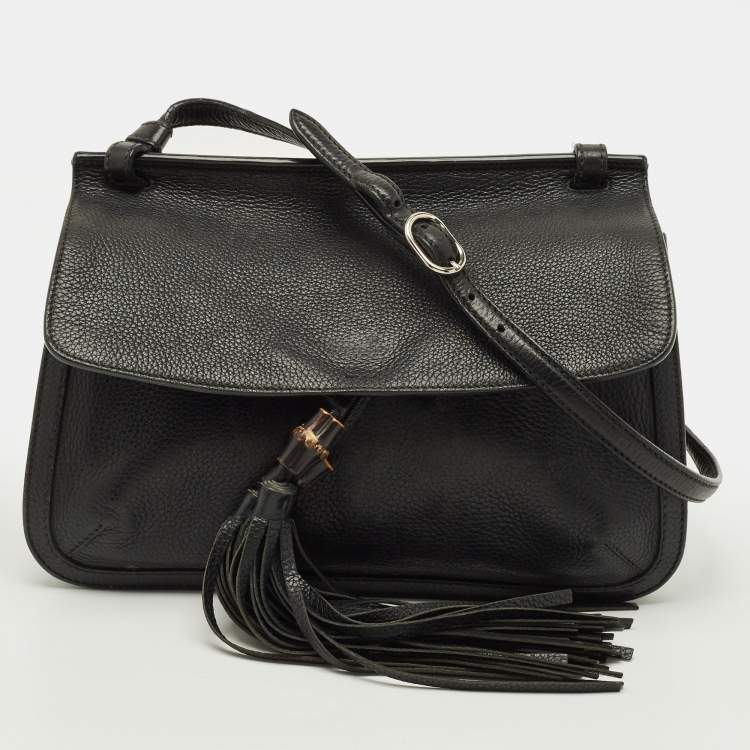 Pre Owned Gucci Bamboo Daily Tassel Black Leather Shoulder Bag