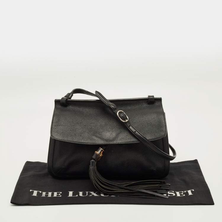 Pre Owned Gucci Bamboo Daily Tassel Black Leather Shoulder Bag