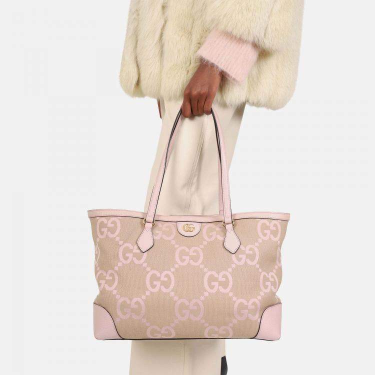 Pre Owned Gucci Beige/Pink Jumbo GG Medium Ophidia Tote