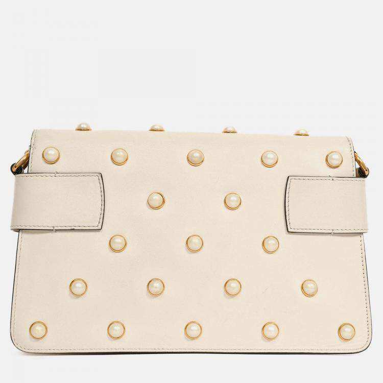 مملوكة مسبقًا Gucci White Leather Pearl Studded Mini Broadway Bee Shoulder Bag with Web Strap