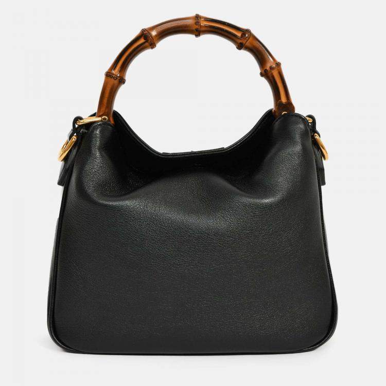 Pre Owned Gucci Black Leather Bamboo Handle Double G Small 'Diana' Bag with Strap