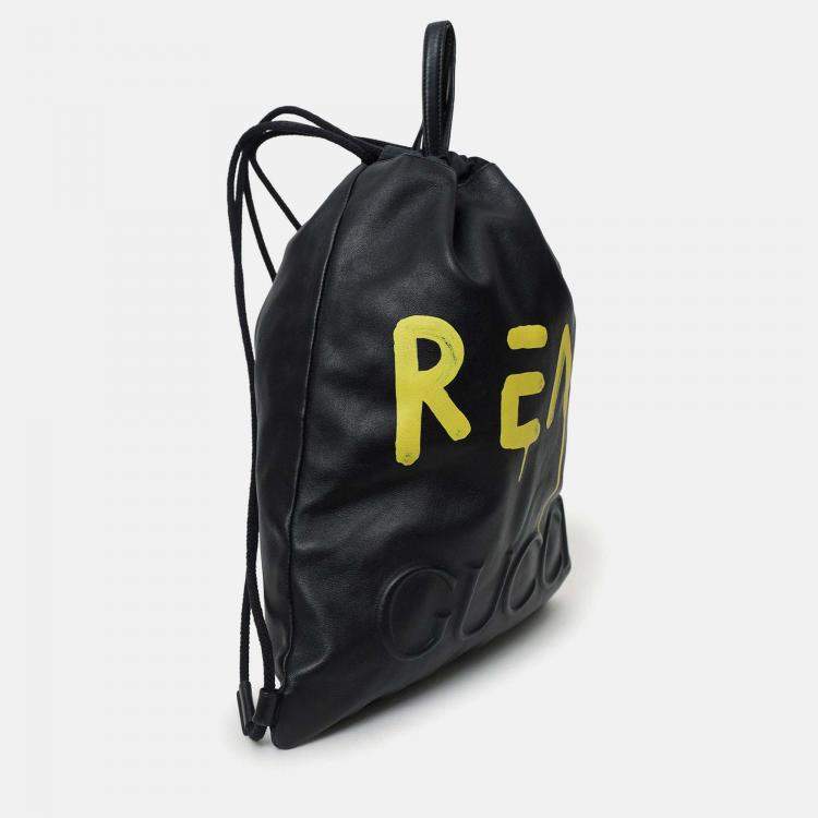 Pre Owned Gucci Black Leather Ghost Printed "Real" Drawstring Backpack