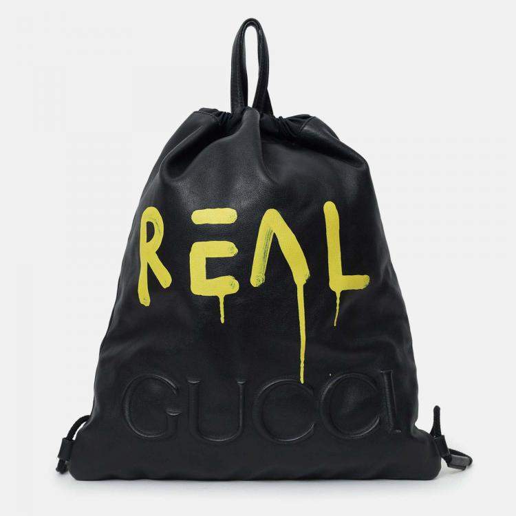 Pre Owned Gucci Black Leather Ghost Printed "Real" Drawstring Backpack