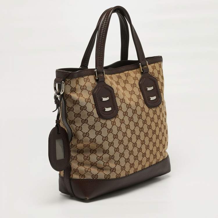 Pre Owned Gucci Techno Brown/Beige GG Canvas and Leather Tote