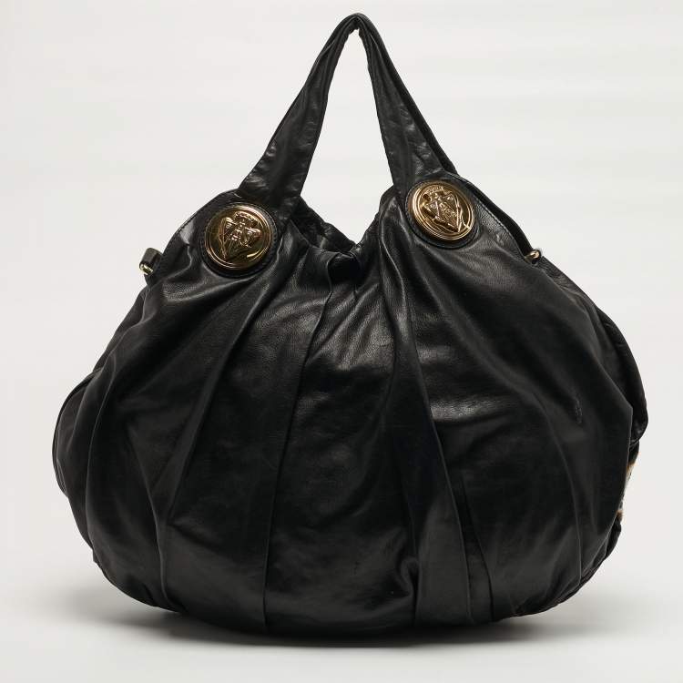 Pre Owned Gucci Embroidered Hysteria Black Leather Hobo